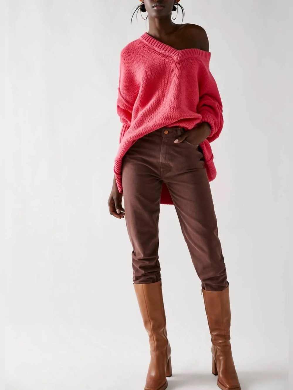 Free People Alli V-Neck Oversized Sweater Strawberry Spritz Pink Women Size S